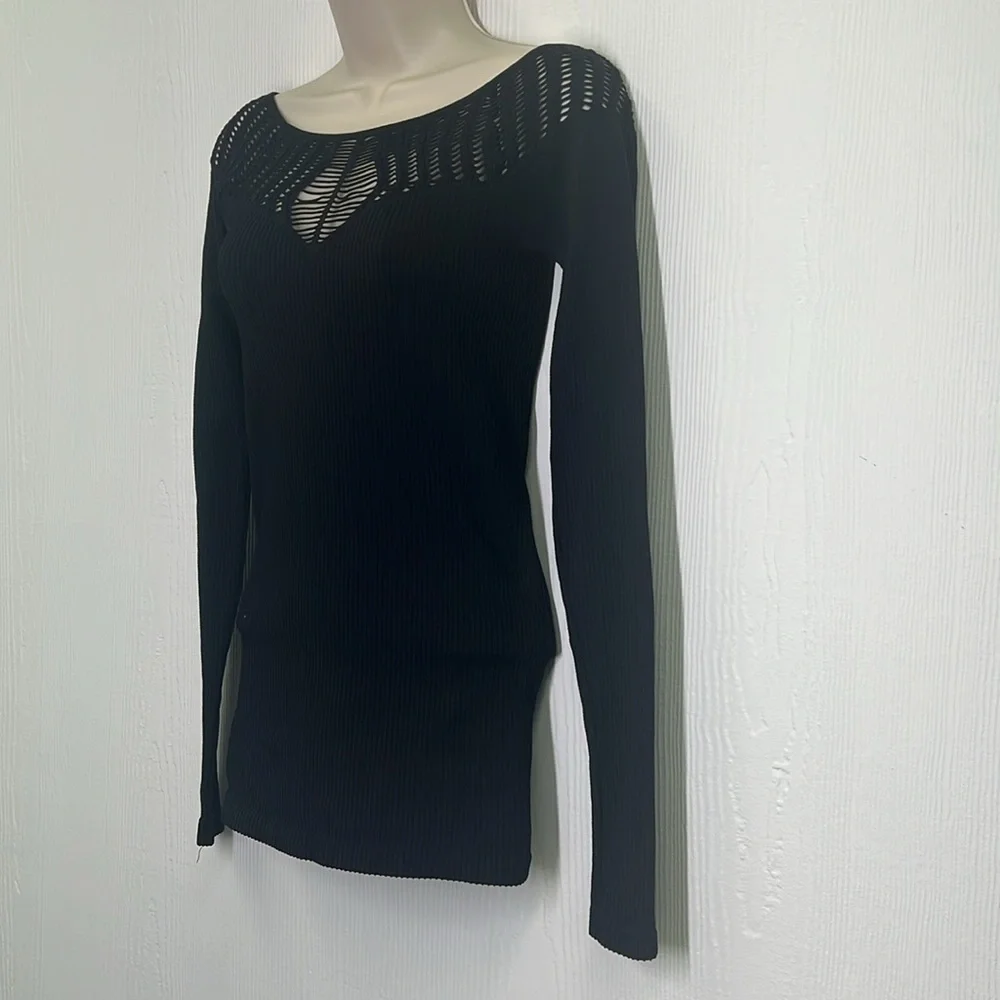 Free People - Black Ribbed Form Fit Cutout Long Sleeve Top Size Medium/ Large